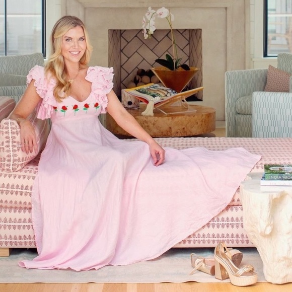 FANM MON XS Aster Pink Demre Linen Embroidered Maxi Dress Ruffle Sleeve NWT $357 - Picture 2 of 12